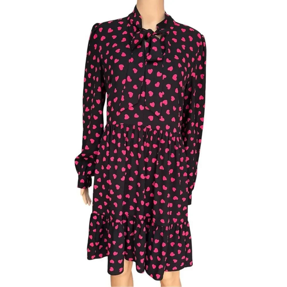 Kate Spade New York Black Pink Heart Print Tie Neck Tiered Dress Size 10
